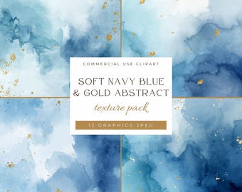 Soft Navy Blue & Gold Abstract Texture Clipart, Watercolor Blue Background, Dreamy Boho Chic Digital Paper, Scrapbook Paper