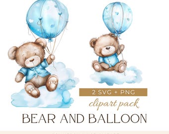 Blauer Teddybär und Ballon, Bär-Baby-Dusche, Baby-Dusche Clipart, niedliches Teddy Clipart, Teddybär Fliege, Kinderzimmer Teddybär, Boho Teddybär