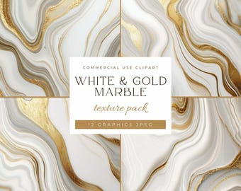 Puede incluir: Un conjunto de 12 gráficos digitales con texturas de mármol blanco y dorado. Las texturas tienen un patrón abstracto y en espiral.  COMMERCIAL USE CLIPART WHITE & GOLD MARBLE texture pack 12 GRAPHICS JPEG