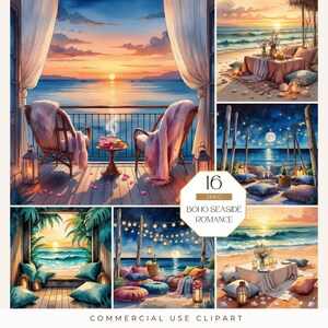 Boho kust romantiek clipart, aquarel uitzicht op de oceaan, liefhebbers clipart, romantische zomer jpeg voor scrapbooking, junk journal, kaarten maken