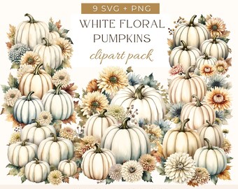 White Pumpkin Png, Pumpkin Clipart, Floral Pumpkin Png, Watercolor Fall Clipart, Watercolor Pumpkin Fall Autumn Clipart, Pumpkin Arrangement
