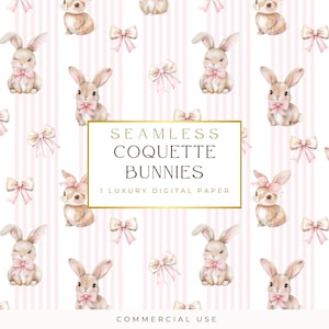 Kokette Hase Musterdesign, niedliches Ostern digitales Papier, Aquarell Hase Design, Kaninchen Girly Stoffdruck, Kokette Schleife Nahtlose Datei