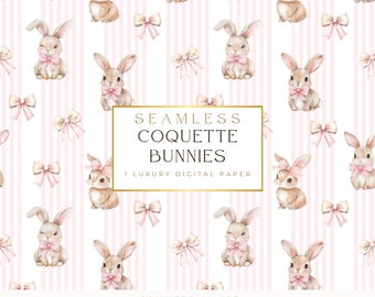 Coquette Bunny Seamless Pattern, Cute Easter Digital Paper, Watercolor Bunny Design,  Rabbit Girly Fabric Print, Coquette Bow Seamless file