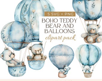 Bär Heißluftballon, Bär-Baby-Dusche, Baby-Dusche Clipart, süße Teddy Clipart, Teddybär Fliege, Kinderzimmer Teddybär, blauer Teddybär