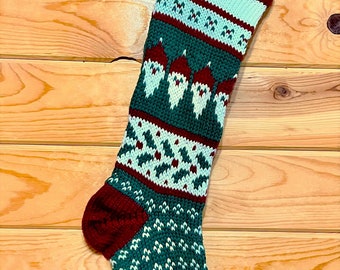 Hand Knit Christmas Santa and Holly Stocking  Handmade & Ready to ship!