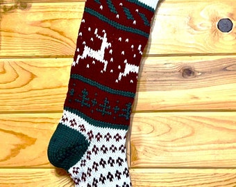 Hand Knit Christmas Stocking Dancing Deer - Handmade & Ready to Ship