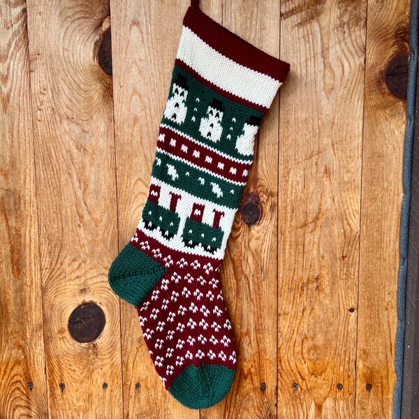 Hand Knit Christmas Stocking Train- Handmade & Ready to Ship! holiday stocking, hand made, snowman, train, personalized