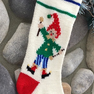 Premiere Knit Christmas Jester  Elf Handmade, Ready to Ship! Personalized Free, Holiday stocking, hand knit, wool Christmas stocking