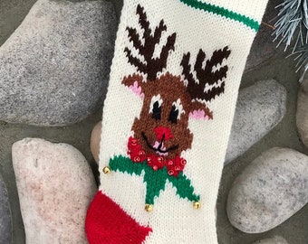 Premiere Knit Christmas Reindeer Rudolph Handmade, Ready to Ship! Personalized Free, Holiday stocking, hand knit, wool Christmas stocking