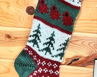 Hand Knit Christmas Stocking Birds  and Evergreens  Handmade & Ready to ship!
