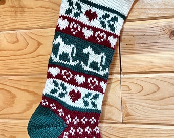 Knit Christmas Stocking Rocking Hearts, Handmade & Ready to Ship! Personalized Free