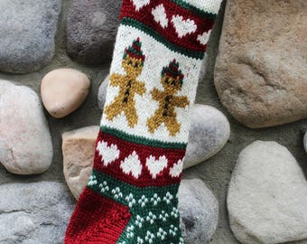 Knit Christmas Stocking Gingerbread Man and Hearts  Ready to Ship - Personalized Free