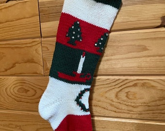 Vintage Reproduction Knit Christmas Stocking, Tree, candlestick, wreath- Brand new - Personalized free - Wool