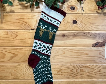 Hand Knit Christmas Stocking Reindeer,  Ready to Ship, Personalized