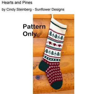 May include: Knitted Christmas stocking with a white background and green and red patterns. The stocking features a pattern of pine trees, hearts, and geometric shapes. The text "Pattern Only" is visible in the image.