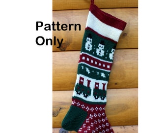 May include: A knitted Christmas stocking with a train design. The stocking features a green toe and heel, a white top, and a pattern of snowmen, trains, and diamond shapes in red, white, and green. The text "Pattern Only" is visible.