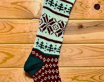 Knit Christmas Stocking Poinsettia and Pines - Ready to Ship - Personalized Free