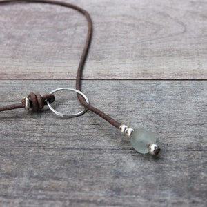 Sterling Silver Necklace/African Sea Glass Aquamarine/ leather Lariat/Summer Leather Necklace /Boho Necklace/Isea Designs