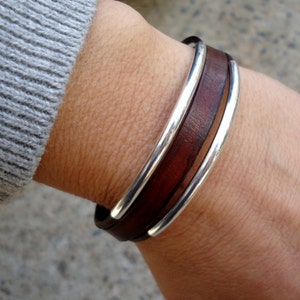 Leather bracelet, Solid  Sterling Silver Tubes bracelet / Leather Cuff /Stacking Bracelet, Women's Bracelet