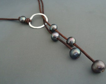 Leather and Black  Pearls Hammered Sterling Silver Lariat