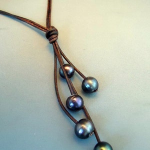 Leather on AAA  Black Pearls/ Leather Necklace