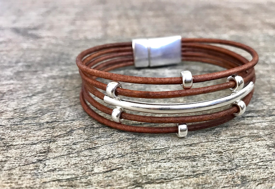 Leather Bracelet/ Solid Sterling Silver Bracelet / Modern Etsy