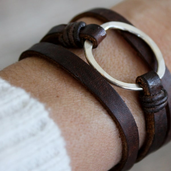 Leather Bracelet/ Eternity Symbol Bracelet/Sterling Silver Hammered Circle/Leather Wrap Bracelet/IseaDesigns