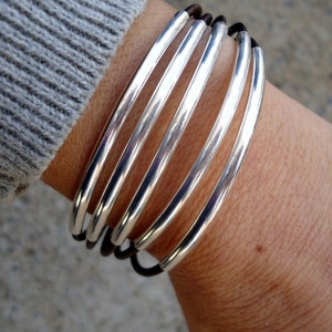 Leather Bracelet, Solid Sterling Silver Tubes Bracelet, Leather Cuff, Silver Cuff, Women's Bracelet