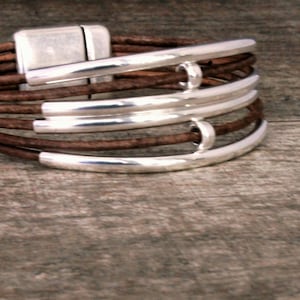 Leather Bracelet/Solid Sterling silver bracelet/ Cuff/ Bangle/Chic/ Contemporary/Eco Friendly leather/IseaDesigns