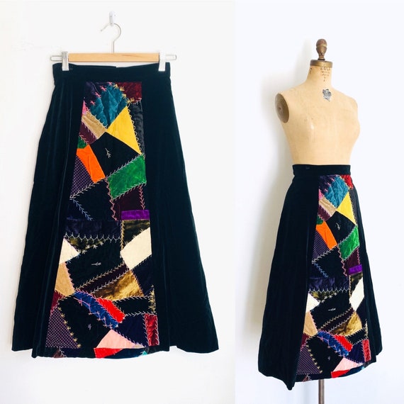 Vintage Patchwork Skirt / 1970s Crazy Quilt Skirt