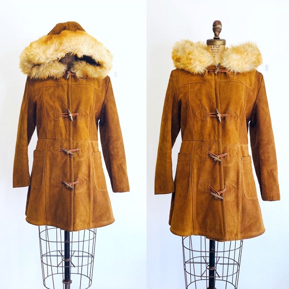 Vintage Shearling Coat / 1970s Suede Duffle Coat /