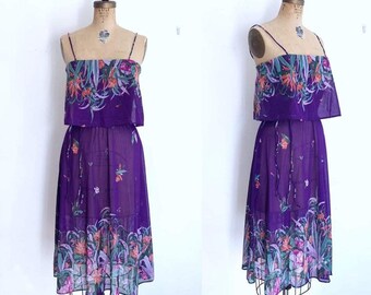 70s Floral Boho Dress / Vintage Semi Sheer Dress / 1970s Purple Lily Dress