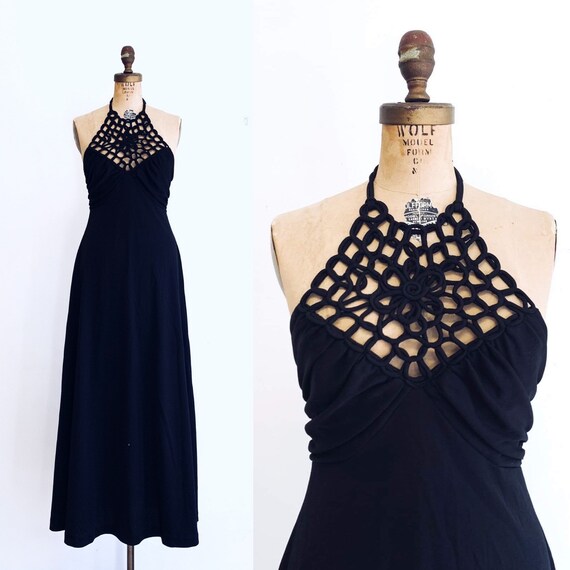 1970s Black Halter Dress / 70s Maxi Dress / Vintag