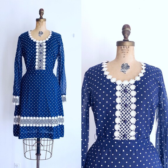 Vintage Swiss Dot Dress / 70s Blue and White Daisy