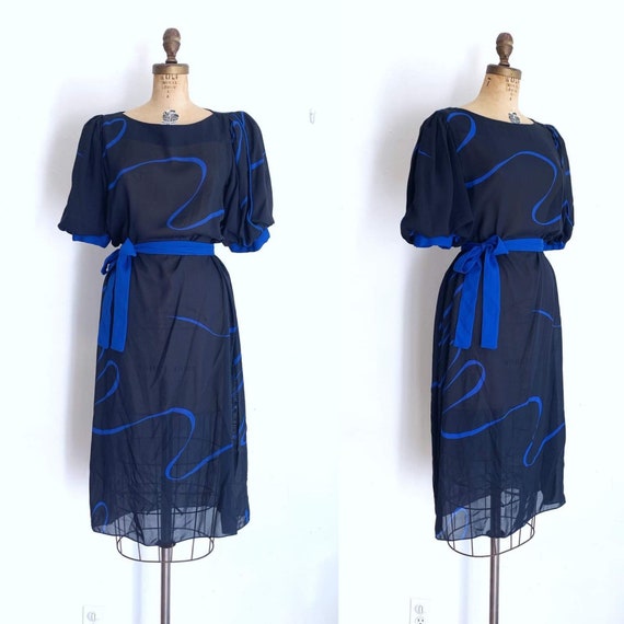 Vintage Puff Sleeve Dress / 80s Sheer Rayon Dress