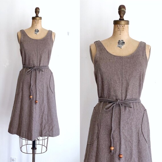 Vintage Wrap Dress / 70s Brown Pinafore Dress / 19