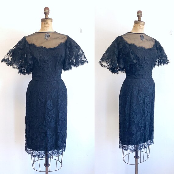1960s Black Lace Dress / Black Lace Wiggle Dress /