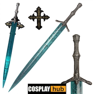 May include: A fantasy sword with a teal blade and ornate silver hilt. The blade features a detailed pattern. A black cross with gold accents is also present. The image includes the text "COSPLAY hub".