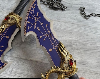 God of War Sword Chaos Blade Blue Blade Kratos Chain Double Sword Full Metal with Gem Uncut - Cosplay Gift for Him