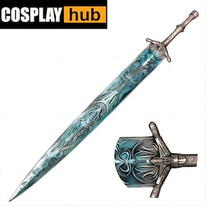 May include: A silver and blue sword with intricate designs. The blade is long and pointed, with a decorative hilt. The sword is a cosplay prop.