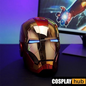 Custom Iron Man Helmet, Voice Activated, LEDs on Ears - Gold and Red Mask