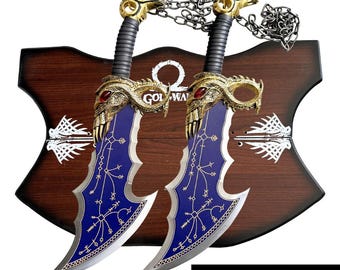 God of War Sword Chaos Blade Blue Blade Kratos Chain Double Sword Full Metal with Gem Uncut - Cosplay Gift for Him