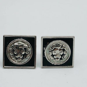 Pair of Vintage SWANK Lion Cufflinks Mens Square Silver Tone Black 1950s Signed
