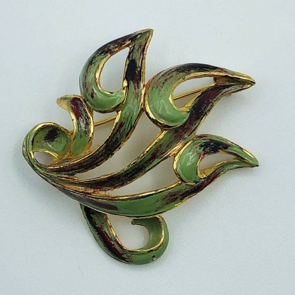 Vintage ROGER VAN S Green Enamel Brooch Pin Gold Tone Signed