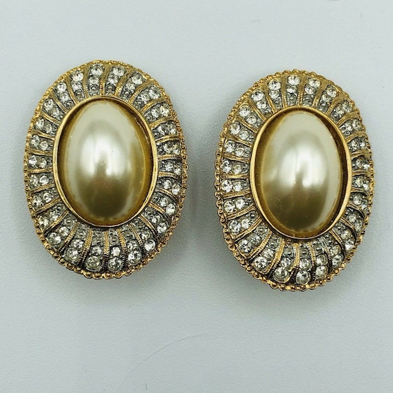 Richelieu Vintage Faux Pearl Earrings Statement Clip Rhinestone Crystal Bin8 