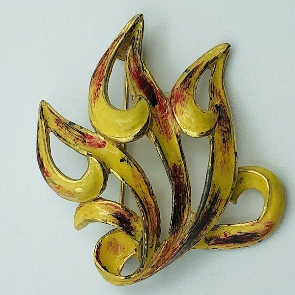 Vintage ROGER VAN S Yellow Enamel Brooch Pin Gold Tone Signed