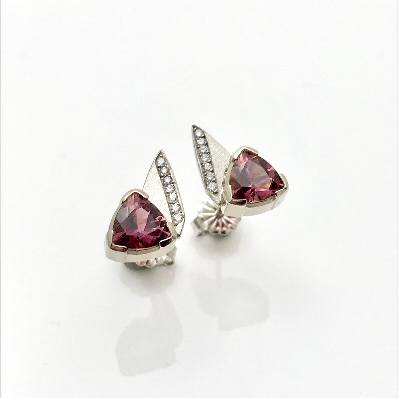 Pink diamond stud earrings pink tourmaline earrings whitegold diamond stud pink gemstone studs image 2