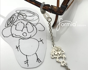 Handmade silver eyeglass chain with your own child's art charm, design your owncharm on glasses, drawing for grandma, gift for grandparents