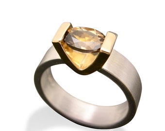 Smokey quartz solitaire ring, quartz gemstone, brown color stone, gold & silver ring, facetted smokey quartz ring