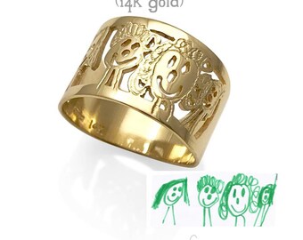 Drawing on gold ring- ring in gold from artwork- gold ring from kids art- kids doodle as gold ring-family gold ring